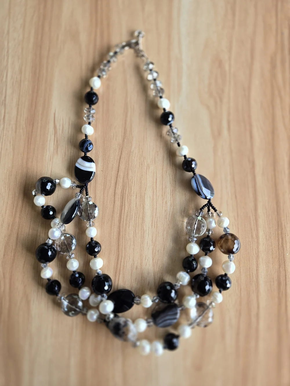 Agate Pearl Crystal Multi-Strand Black White Banded Natural Stone Bead Necklace